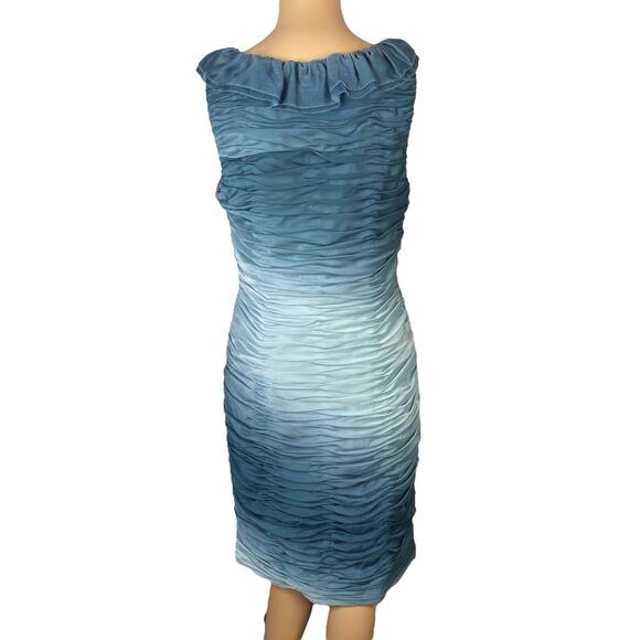 Adrianna Papell Blue Ombre Ruffle Rosette Ruched Sheath Dress Women's SZ 12 - Picture 5 of 7